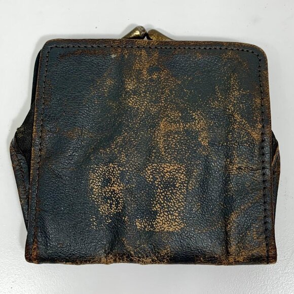 VICTORIAN Style Black Worn Leather Change Coin Purse Kiss Lock Clasp WALLET VTG - Picture 2 of 6